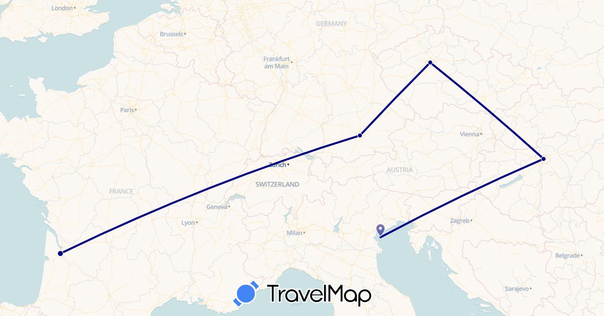 TravelMap itinerary: driving in Czech Republic, Germany, France, Hungary, Italy (Europe)